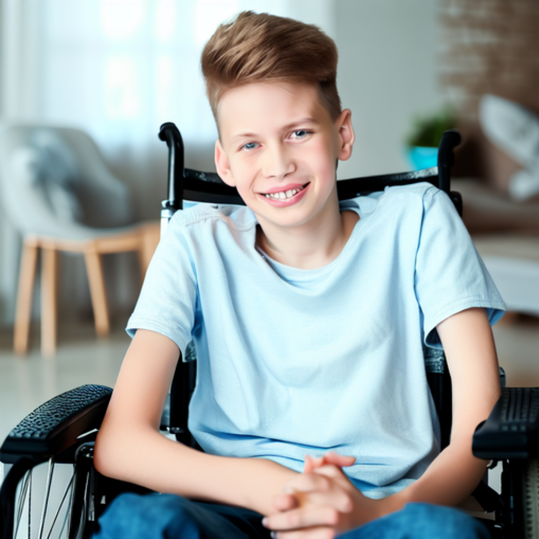 laughing teenage boy in a wheelchair with neuromuscular disorders
